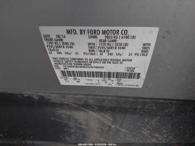 1FM5K8D89HGA76605 Ford EXPLORER XLT