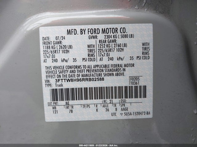 2024 Ford Maverick Xlt მანქანა იყიდება აუქციონზე, vin: 3FTTW8H96RRB02588, აუქციონის ნომერი: 44211609