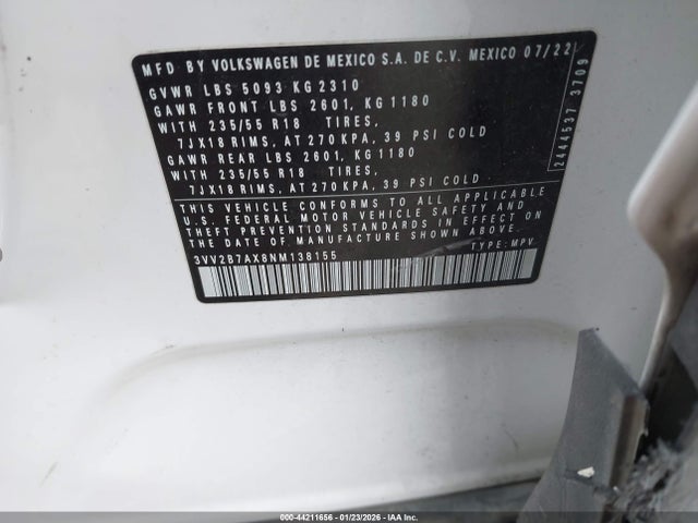 2022 Volkswagen Tiguan 2.0t Se მანქანა იყიდება აუქციონზე, vin: 3VV2B7AX8NM138155, აუქციონის ნომერი: 44211656