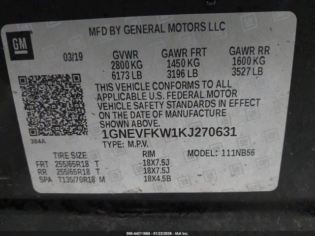 1GNEVFKW1KJ270631 Chevrolet Traverse Ls