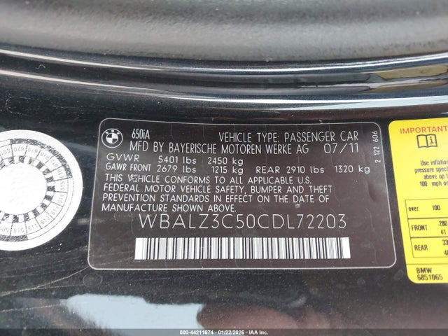2012 Bmw 650i მანქანა იყიდება აუქციონზე, vin: WBALZ3C50CDL72203, აუქციონის ნომერი: 44211674