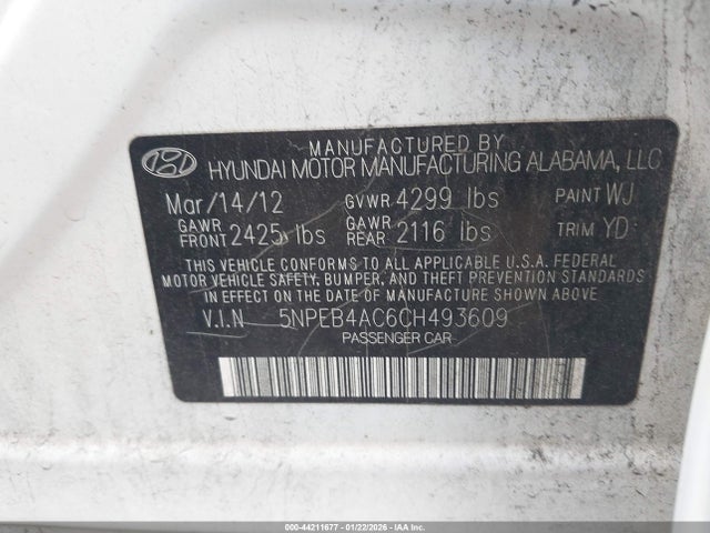 44211677 :رقم المزاد ، 5NPEB4AC6CH493609 vin ، 2012 Hyundai Sonata Gls مزاد بيع