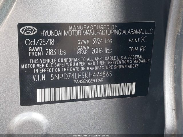 2019 HYUNDAI ELANTRA 5NPD74LF5KH424865 Photo 8