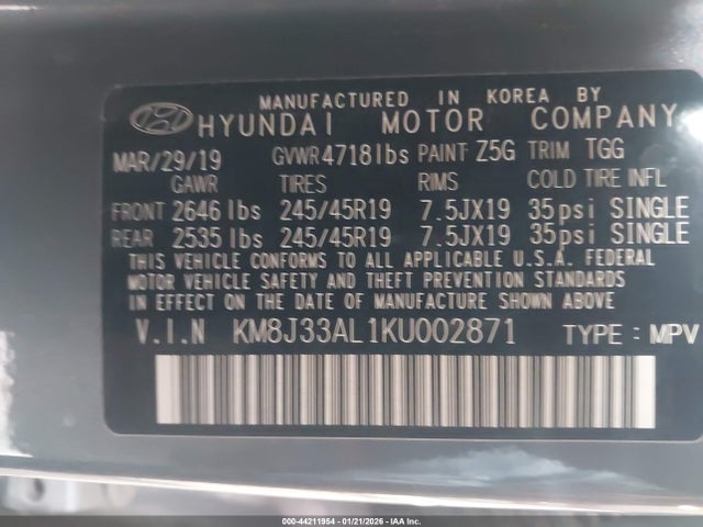 KM8J33AL1KU002871 Hyundai Tucson Sport