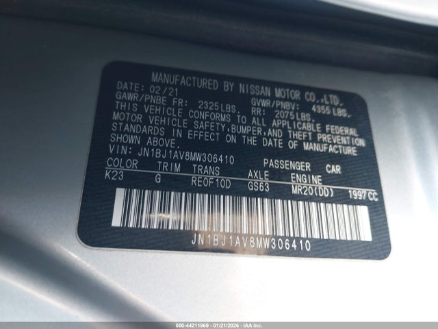 Aukcja sprzedaży 2021 Nissan Rogue Sport S Fwd Xtronic Cvt, vin: JN1BJ1AV8MW306410, numer aukcji: 44211969