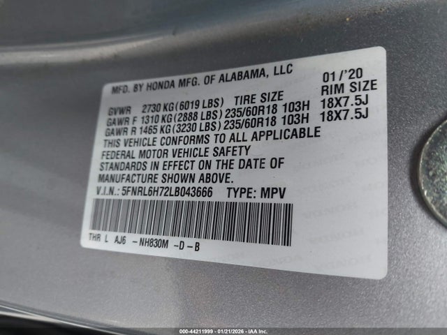 5FNRL6H72LB043666 Honda Odyssey Ex-l/ex-l W/navi Res