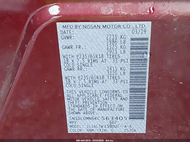 Продаж на аукціоні авто 2019 Infiniti Qx60 Luxe, vin: 5N1DL0MN6KC563405, номер лоту: 44212018