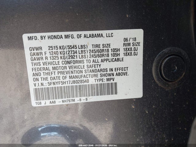 Продаж на аукціоні авто 2018 Honda Pilot Lx, vin: 5FNYF5H17JB028540, номер лоту: 44212046