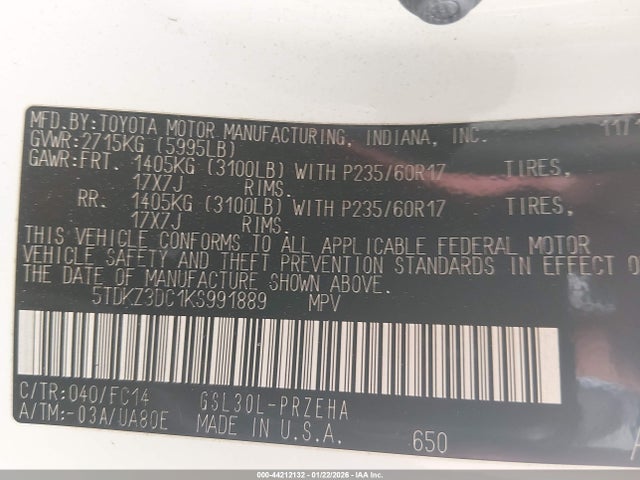 5TDKZ3DC1KS991889 Toyota Sienna Le 8 Passenger