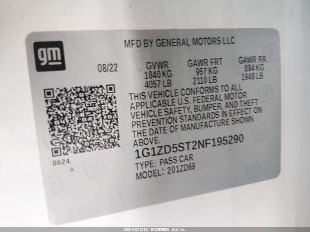 1G1ZD5ST2NF195290 Chevrolet Malibu Fwd Lt