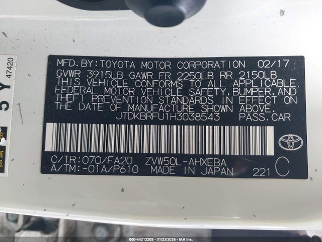JTDKBRFU1H3038543 Toyota Prius Two