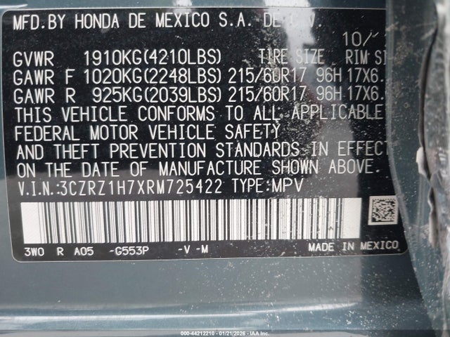 3CZRZ1H7XRM725422 Honda Hr-v 2wd Ex-l/2wd Ex-l W/o Bsi