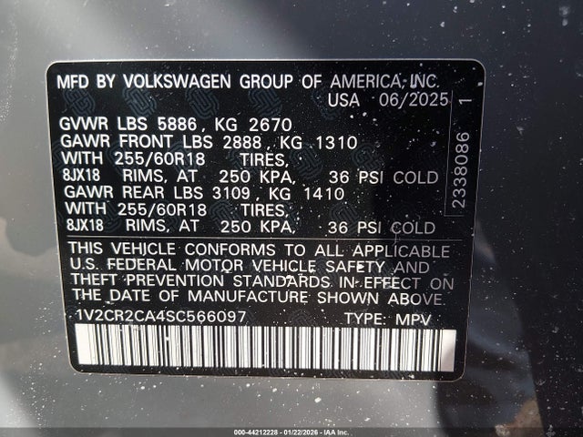 Продаж на аукціоні авто 2025 Volkswagen Atlas 2.0t Peak Edition, vin: 1V2CR2CA4SC566097, номер лоту: 44212228