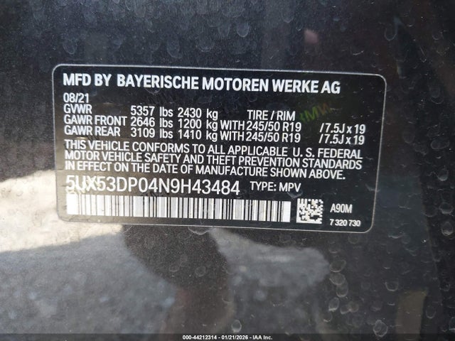 44212314 :رقم المزاد ، 5UX53DP04N9H43484 vin ، 2022 Bmw X3 Xdrive30i مزاد بيع