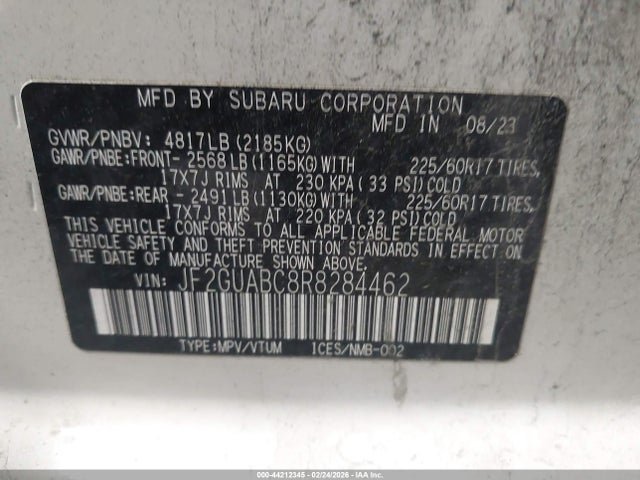 44212345 :رقم المزاد ، JF2GUABC8R8284462 vin ، 2024 Subaru Crosstrek مزاد بيع