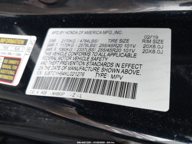 2019 Acura Rdx A-spec Package მანქანა იყიდება აუქციონზე, vin: 5J8TC1H64KL021276, აუქციონის ნომერი: 44212381