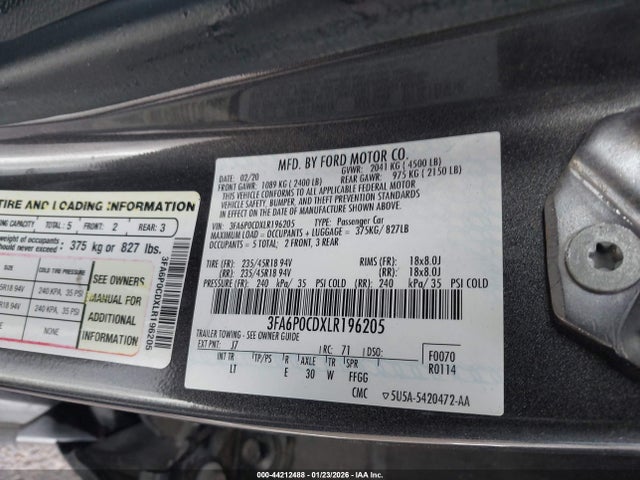 2020 FORD FUSION 3FA6P0CDXLR196205 Photo 8
