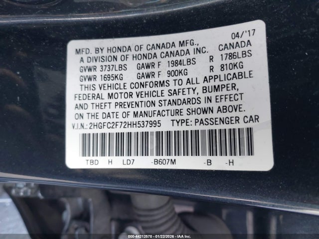 Honda CIVIC EX 2017 2HGFC2F72HH537995 Image 9