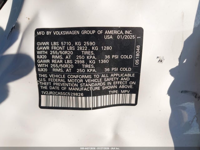 Продаж на аукціоні авто 2025 Volkswagen Atlas 2.0t Se W/technology, vin: 1V2JR2CA5SC529826, номер лоту: 44212636