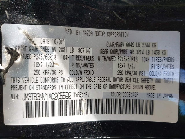 44212700 :رقم المزاد ، JM3TB3MV1A0205592 vin ، 2010 Mazda Cx-9 Sport مزاد بيع