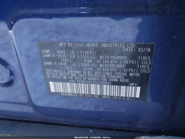 4S4BSADC4G3299302 Subaru Outback 2.5i Premium