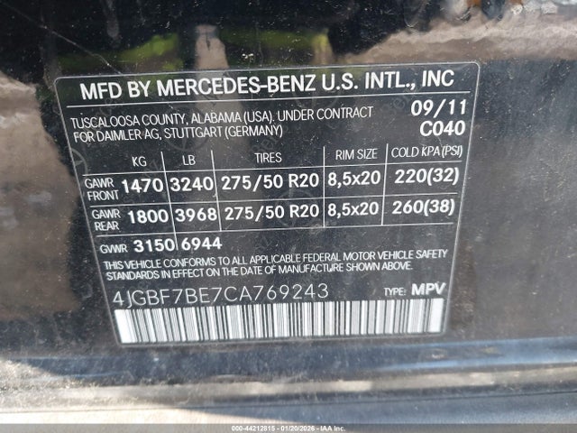 Aukcja sprzedaży 2012 Mercedes-benz Gl 450 4matic, vin: 4JGBF7BE7CA769243, numer aukcji: 44212815