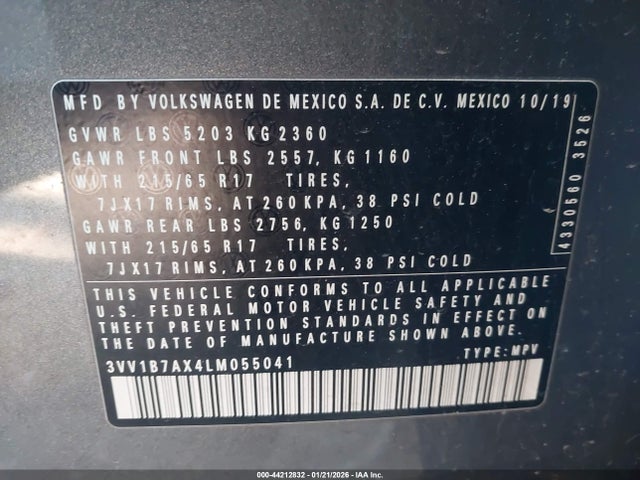 Продаж на аукціоні авто 2020 Volkswagen Tiguan 2.0t S, vin: 3VV1B7AX4LM055041, номер лоту: 44212832