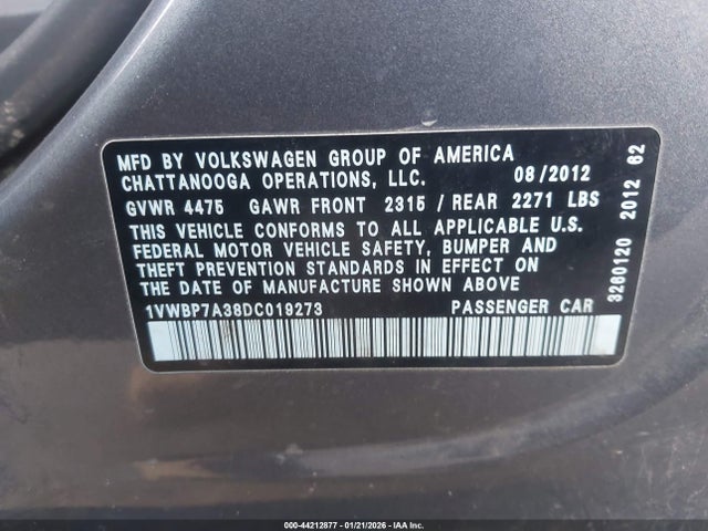 2013 Volkswagen Passat 2.5l Se მანქანა იყიდება აუქციონზე, vin: 1VWBP7A38DC019273, აუქციონის ნომერი: 44212877