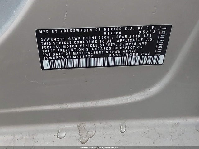 44212900 :رقم المزاد ، 3VWDP7AJ0CM461727 vin ، 2012 Volkswagen Jetta 2.5l Se مزاد بيع
