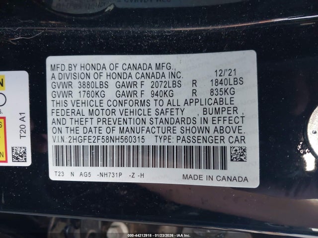 2022 HONDA CIVIC 2HGFE2F58NH560315 Photo 8