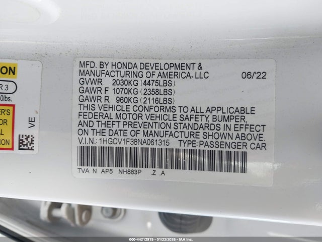 1HGCV1F38NA061315 Honda Accord Sport