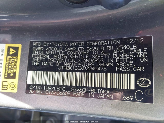Aukcja sprzedaży 2013 Lexus Es 350, vin: JTHBK1GGXD2040476, numer aukcji: 44212939