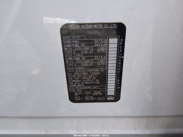 44212994 :رقم المزاد ، 3PCAJ5AB9MF118411 vin ، 2021 Infiniti Qx50 Pure Awd مزاد بيع