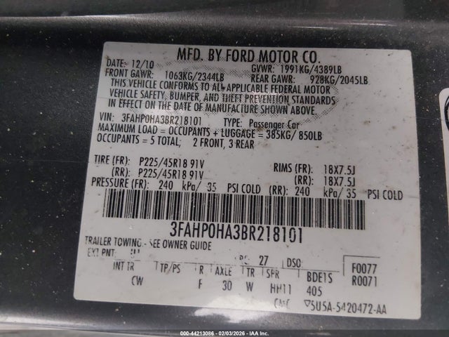 2011 FORD FUSION 3FAHP0HA3BR218101 Photo 8