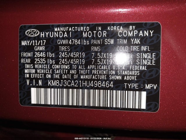 KM8J3CA21HU498464 Hyundai Tucson Limited