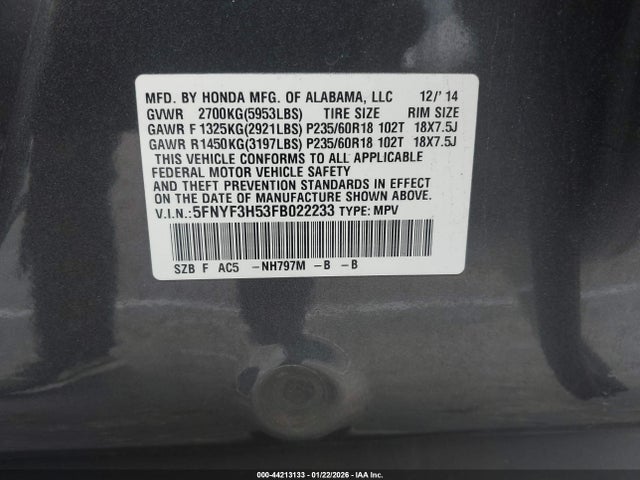 Honda Pilot Ex-l 2015 5FNYF3H53FB022233 Image 9