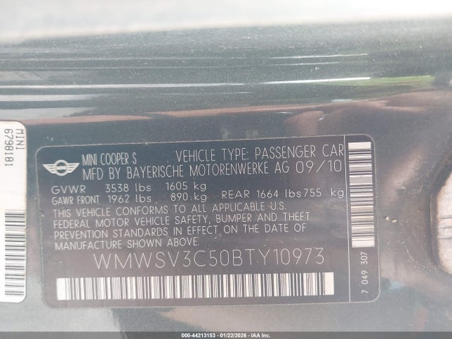 2011 Mini Cooper S მანქანა იყიდება აუქციონზე, vin: WMWSV3C50BTY10973, აუქციონის ნომერი: 44213153
