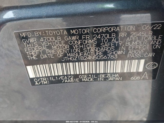 44213160 :رقم المزاد ، JTHGZ1B24N5056783 vin ، 2022 Lexus Is 350 F Sport مزاد بيع