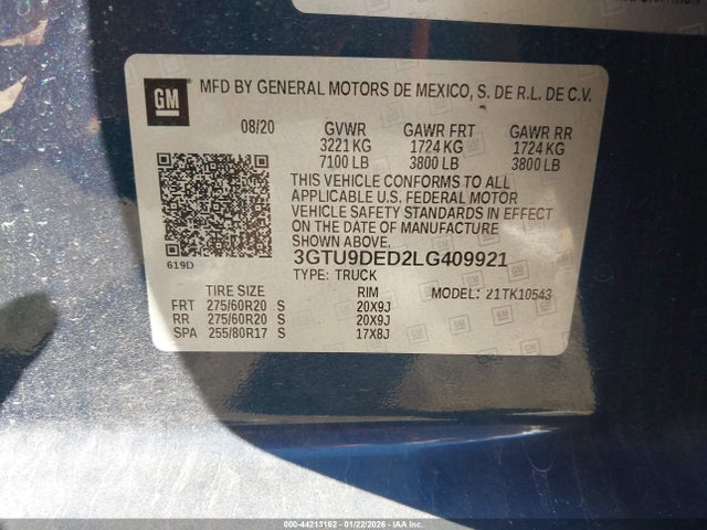 3GTU9DED2LG409921 GMC Sierra 1500 4wd Short Box Slt