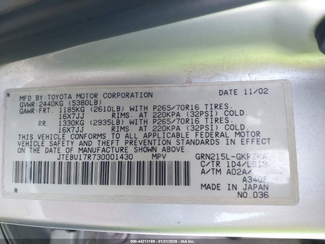 2003 TOYOTA 4RUNNER JTEBU17R730001430 Photo 8