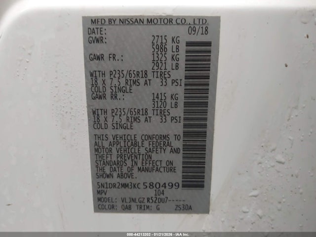 2019 Nissan Pathfinder Sl მანქანა იყიდება აუქციონზე, vin: 5N1DR2MM3KC580499, აუქციონის ნომერი: 44213202