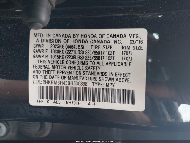 Aukcja sprzedaży 2016 Honda Cr-v Se, vin: 2HKRM3H43GH530898, numer aukcji: 44213216