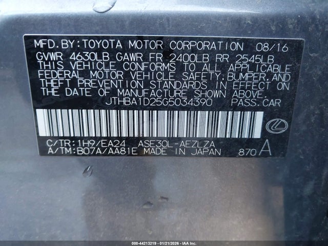 44213219 :رقم المزاد ، JTHBA1D25G5034390 vin ، 2016 Lexus Is 200t مزاد بيع