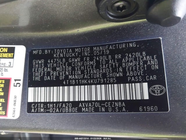 4T1B11HK4KU791285 Toyota CAMRY LE