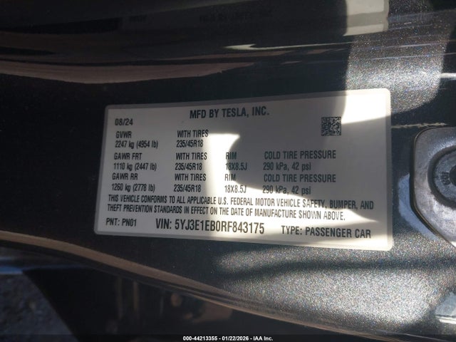 44213355 :رقم المزاد ، 5YJ3E1EB0RF843175 vin ، 2024 Tesla Model 3 Long Range Dual Motor All-wheel Drive مزاد بيع