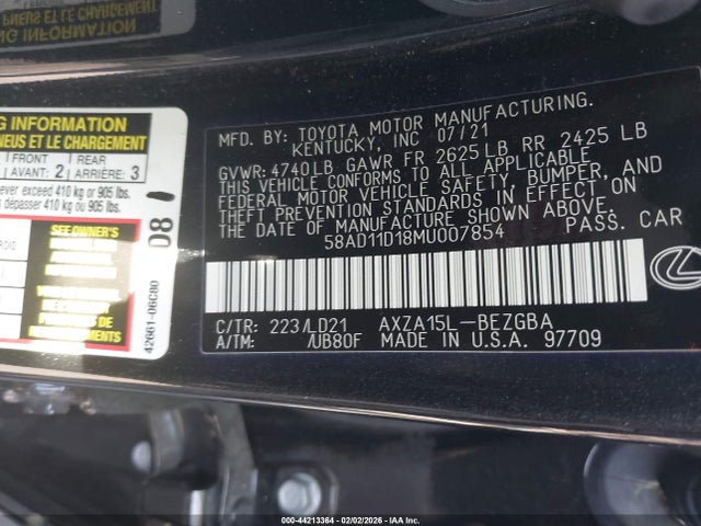 Продаж на аукціоні авто 2021 Lexus Es 250, vin: 58AD11D18MU007854, номер лоту: 44213364