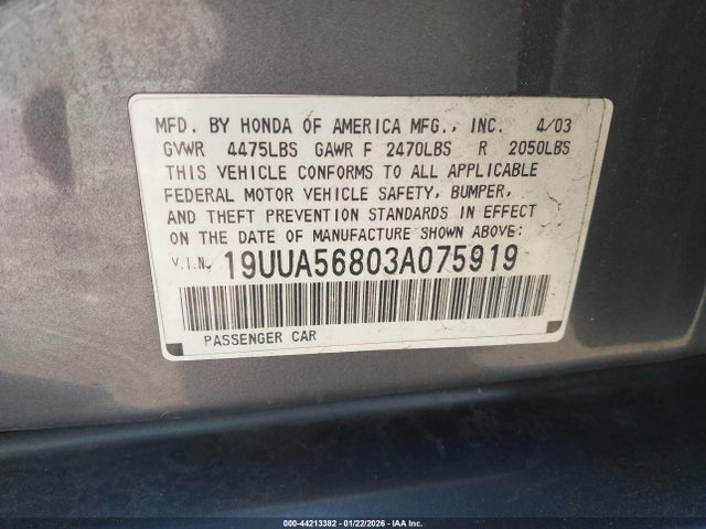2003 Acura Tl 3.2 Type S მანქანა იყიდება აუქციონზე, vin: 19UUA56803A075919, აუქციონის ნომერი: 44213382