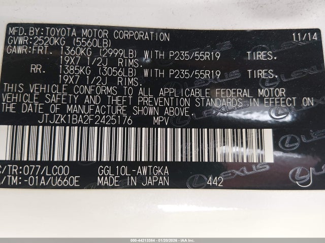 Lexus RX 350 2015 JTJZK1BA2F2425176 Image 9