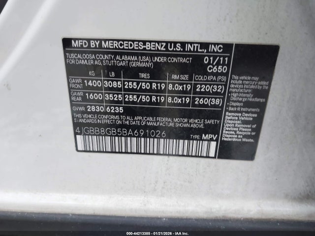 2011 Mercedes-benz Ml 350 4matic მანქანა იყიდება აუქციონზე, vin: 4JGBB8GB5BA691026, აუქციონის ნომერი: 44213385