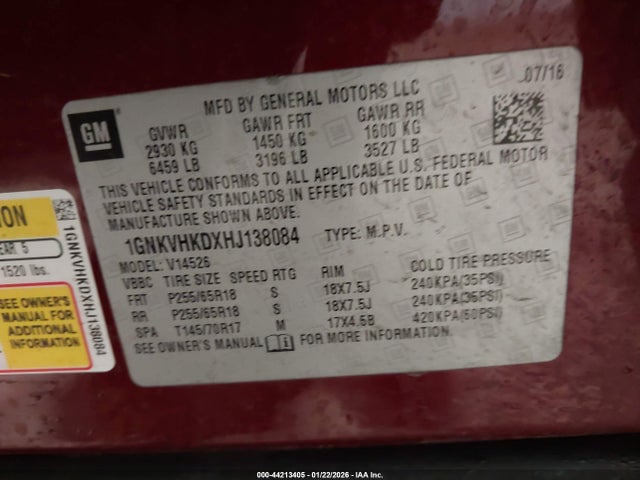 1GNKVHKDXHJ138084 Chevrolet Traverse 2lt